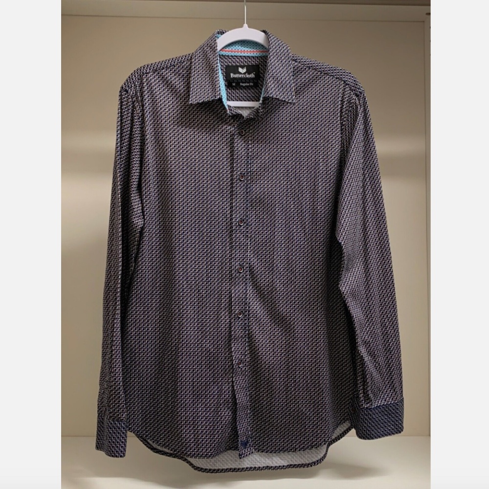 Buttercloth Men's LS Shirt - Navy Geometric Pattern - Size M Regular Fit